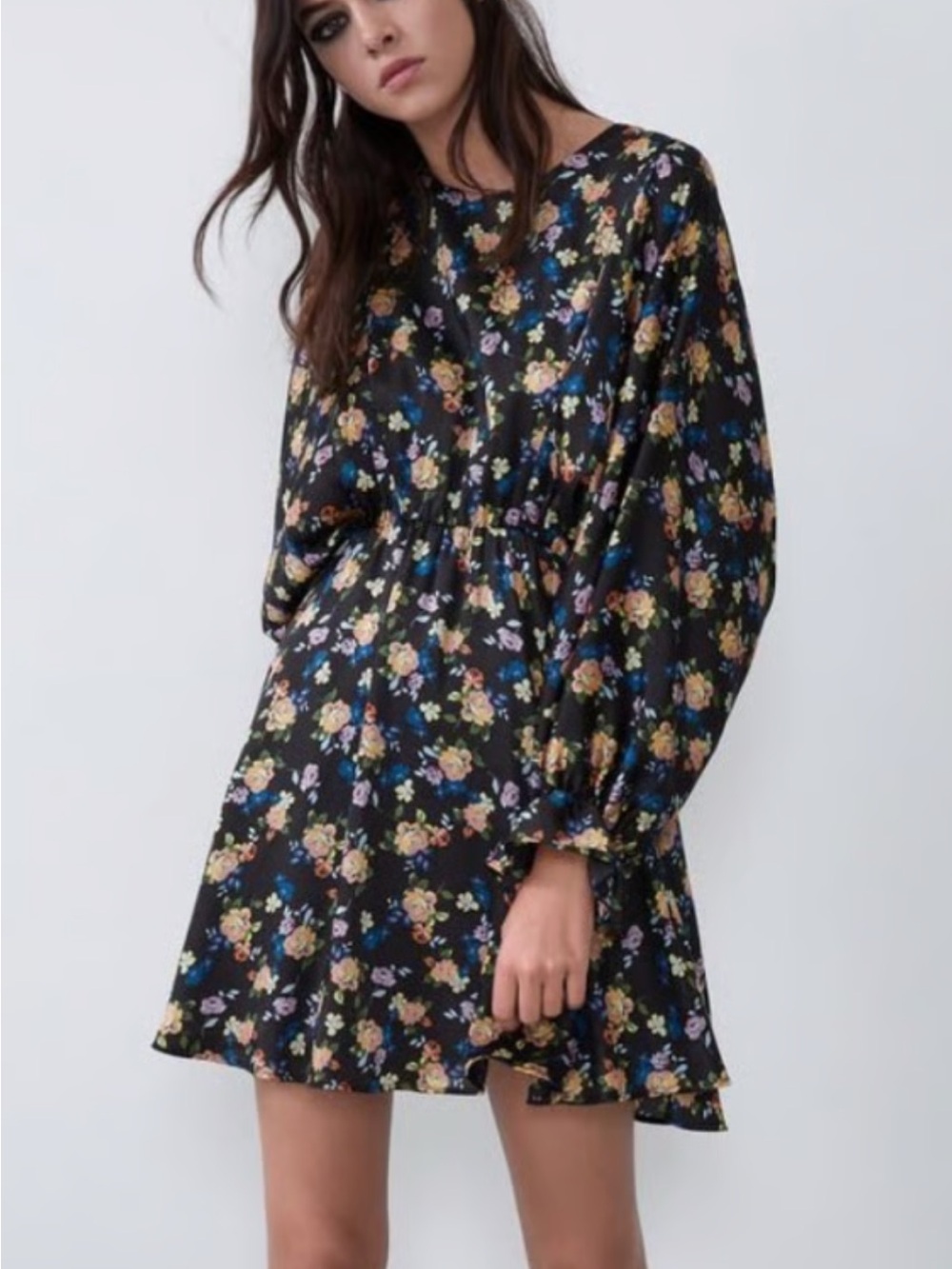 Zara Black Floral Long-Sleeve Mini Dress. Size Medium